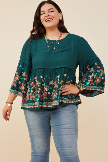 HY8824 Green Womens Embroidered Detail Baby Doll Top Front